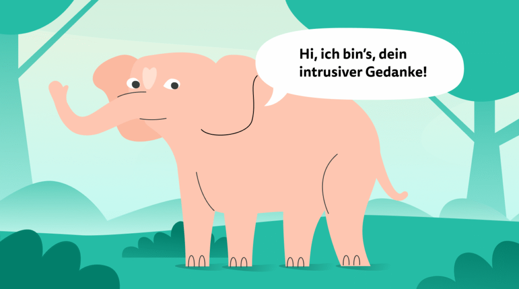 Ein rosa Elefant winkt freundlich mit seinem Rüssel und sagt scherzhaft "Hi, ich bin's, dein intrusiver Gedanke!"